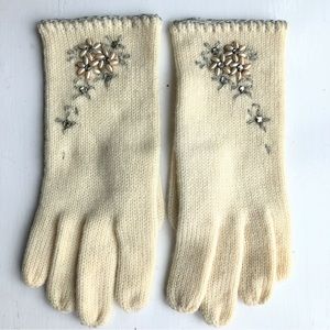 Vintage Ivory Wool Gloves Floral Pearl Embellished